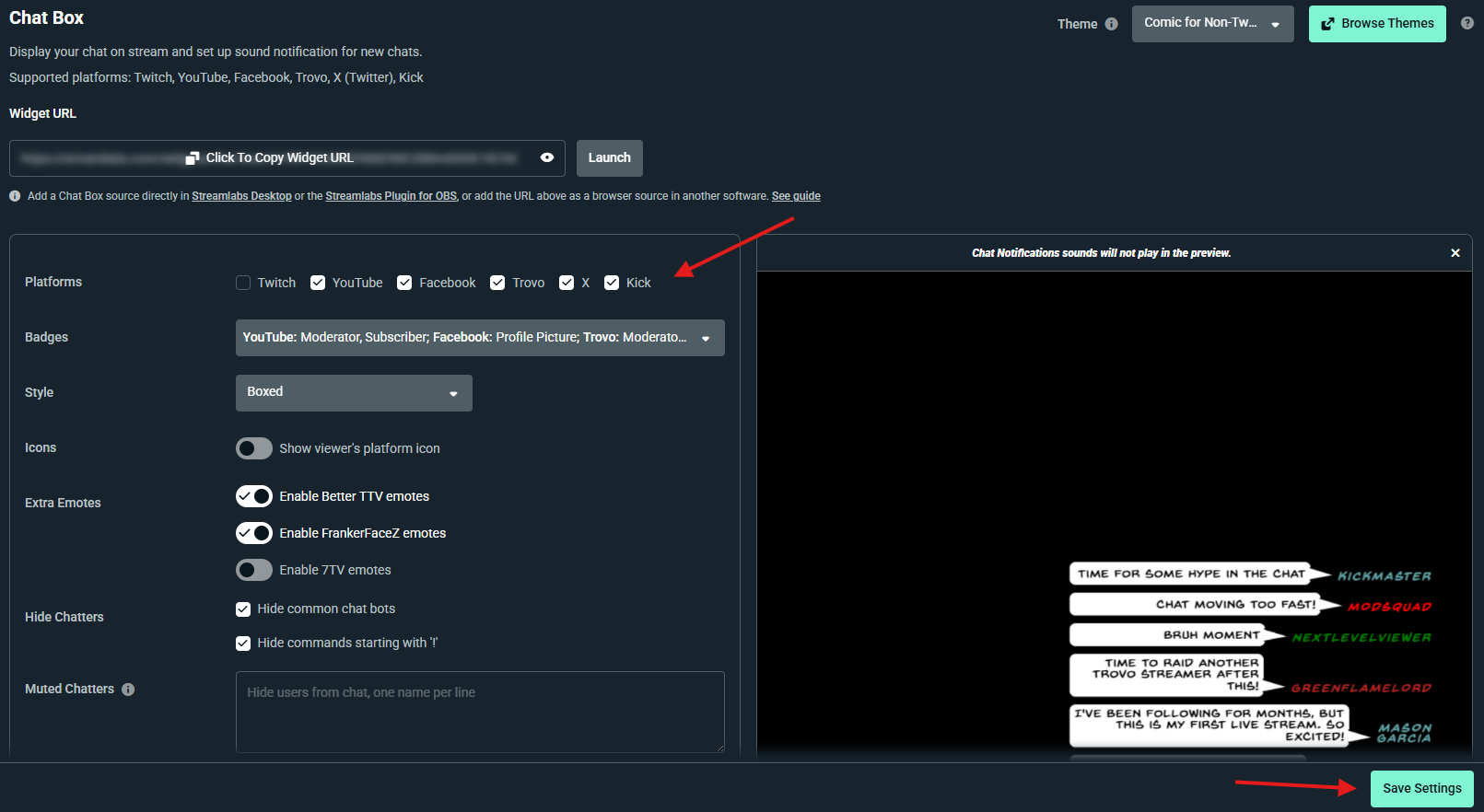 Chat Box settings in Streamlabs Dashboard turning off only Twitch chat